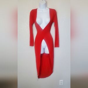 Poetry Red Sexy Long Sleeve Bodycon Asymetrical Hi Lo Duster Top With Train